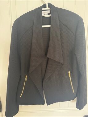 Calvin Klein Black Draped Open-Front Jacket with Gold Zippers